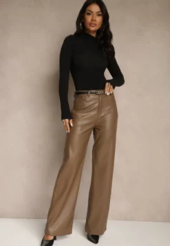 Jasnobrązowe Szerokie Spodnie High Waist z Imitacji Skóry Curbelo