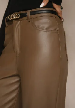 Jasnobrązowe Szerokie Spodnie High Waist z Imitacji Skóry Curbelo