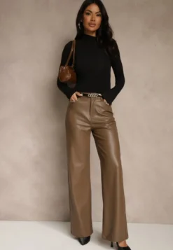 Jasnobrązowe Szerokie Spodnie High Waist z Imitacji Skóry Curbelo