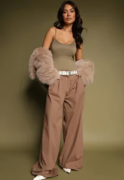 Jasnobrązowe Szerokie Spodnie High Waist z Bawełny z Dołączonym Ozdobnym Łańcuszkiem Romira