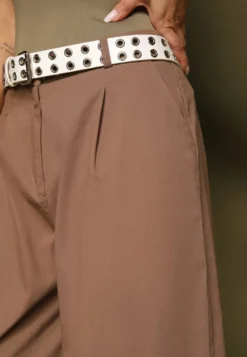 Jasnobrązowe Szerokie Spodnie High Waist z Bawełny z Dołączonym Ozdobnym Łańcuszkiem Romira