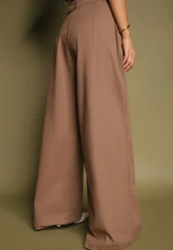 Jasnobrązowe Szerokie Spodnie High Waist z Bawełny z Dołączonym Ozdobnym Łańcuszkiem Romira