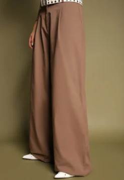 Jasnobrązowe Szerokie Spodnie High Waist z Bawełny z Dołączonym Ozdobnym Łańcuszkiem Romira