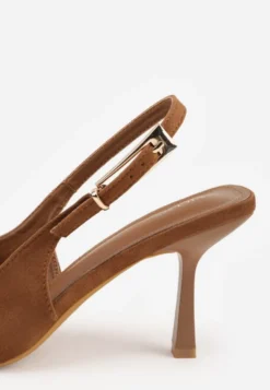Jasnobrązowe Szpilki Slingback VICES z Imitacji Zamszu z Prostokątną Klamerką Natuma