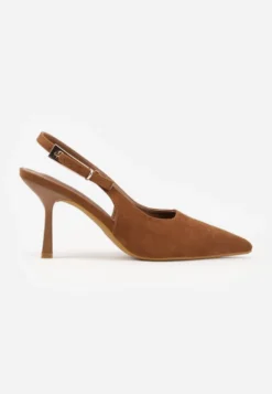 Jasnobrązowe Szpilki Slingback VICES z Imitacji Zamszu z Prostokątną Klamerką Natuma