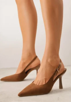 Jasnobrązowe Szpilki Slingback VICES z Imitacji Zamszu z Prostokątną Klamerką Natuma