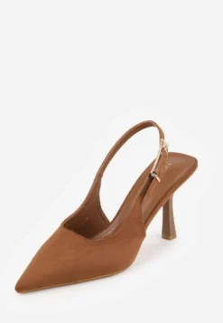 Jasnobrązowe Szpilki Slingback VICES z Imitacji Zamszu z Prostokątną Klamerką Natuma