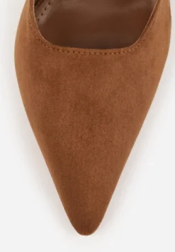 Jasnobrązowe Szpilki Slingback VICES z Imitacji Zamszu z Prostokątną Klamerką Natuma