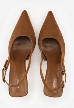 Jasnobrązowe Szpilki Slingback VICES z Imitacji Zamszu z Prostokątną Klamerką Natuma