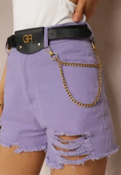 Jasnofioletowe Bawełniane Szorty High Waist z Paskiem z Odpinanym Łańcuszkiem Priseis