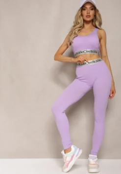 Jasnofioletowe Sportowe Legginsy Elastyczne z Ozdobną Szeroką Gumą w Pasie Larnode