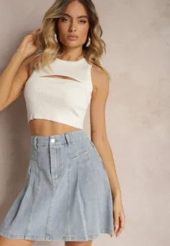 Jasnoniebieska Bawełniana Spódnica Jeansowa High Waist o Rozkloszowanym Fasonie Risat