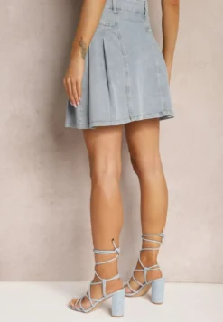 Jasnoniebieska Bawełniana Spódnica Jeansowa High Waist o Rozkloszowanym Fasonie Risat