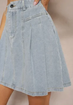 Jasnoniebieska Bawełniana Spódnica Jeansowa High Waist o Rozkloszowanym Fasonie Risat