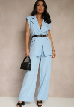 Jasnoniebieska Kamizelka Oversize w Garniturowym Stylu z Guzikiem i Paskiem z Klamrą Galazia
