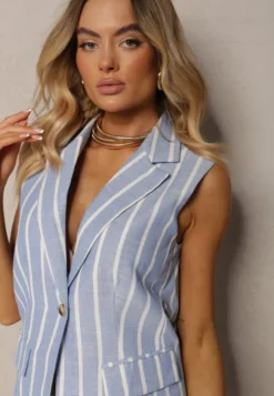 Jasnoniebieska Kamizelka Zapinana na Guzik w Pionowe Paski Vikilla