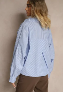 Jasnoniebieska Koszula z Bawełny o Kroju Oversize w Prążki ze Ściągaczem w Pasie Neoritia
