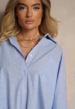 Jasnoniebieska Koszula z Bawełny o Kroju Oversize w Prążki ze Ściągaczem w Pasie Neoritia