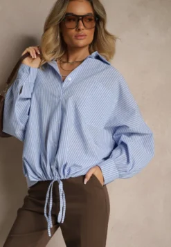Jasnoniebieska Koszula z Bawełny o Kroju Oversize w Prążki ze Ściągaczem w Pasie Neoritia
