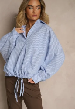 Jasnoniebieska Koszula z Bawełny o Kroju Oversize w Prążki ze Ściągaczem w Pasie Neoritia
