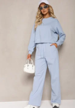 Jasnoniebieska Oversize Bluza z Bawełny o Krótkim Fasonie Sibolla