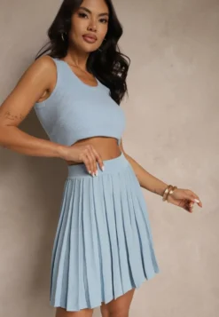 Jasnoniebieska Spódnica z Wiskozą High Waist Ozdobiona Plisami Galonissa