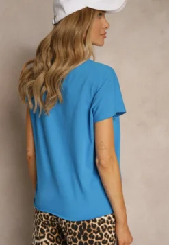 Jasnoniebieski Bawełniany T-shirt Wiązany u Dołu Sunalina