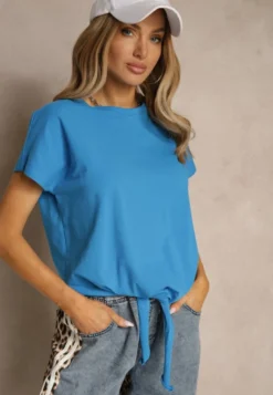 Jasnoniebieski Bawełniany T-shirt Wiązany u Dołu Sunalina