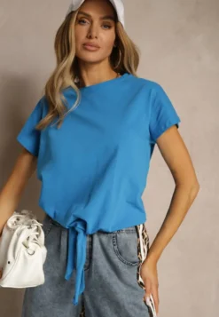 Jasnoniebieski Bawełniany T-shirt Wiązany u Dołu Sunalina
