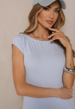 Jasnoniebieski Dopasowany T-shirt z Bawełny z Dekoltem o Kształcie Łódki Gallenia