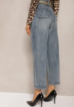 Jasnoniebieskie Bawełniane Jeansy High Waist o Kroju Boyfriend z Dodatkowym Paskiem Attenise