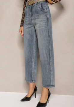 Jasnoniebieskie Bawełniane Jeansy High Waist o Kroju Boyfriend z Dodatkowym Paskiem Attenise