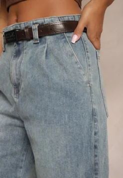 Jasnoniebieskie Bawełniane Szerokie Jeansy High Waist Ozdobione Paskiem Terilainas