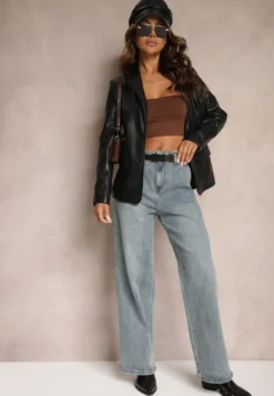 Jasnoniebieskie Bawełniane Szerokie Jeansy High Waist Ozdobione Paskiem Terilainas