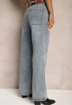 Jasnoniebieskie Bawełniane Szerokie Jeansy High Waist Ozdobione Paskiem Terilainas