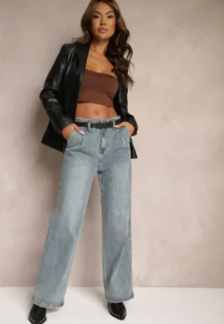 Jasnoniebieskie Bawełniane Szerokie Jeansy High Waist Ozdobione Paskiem Terilainas