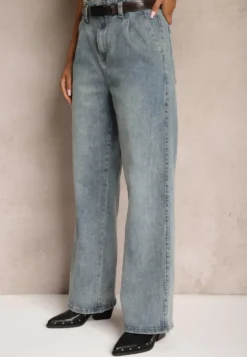 Jasnoniebieskie Bawełniane Szerokie Jeansy High Waist Ozdobione Paskiem Terilainas