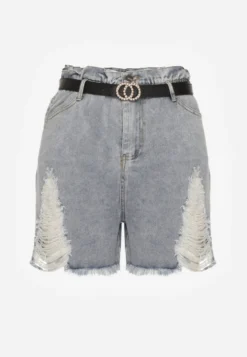 Jasnoniebieskie Bawełniane Szorty Jeansowe z Paskiem i Przetarciami High Waist Vikisona