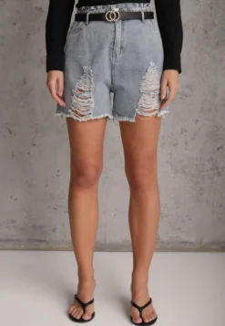 Jasnoniebieskie Bawełniane Szorty Jeansowe z Paskiem i Przetarciami High Waist Vikisona