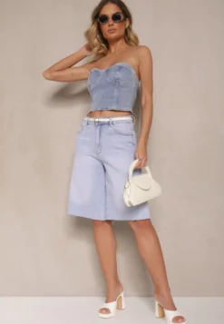 Jasnoniebieskie Bawełniane Szorty Jeansowe w Stylu Bermudów High Waist Tenizea