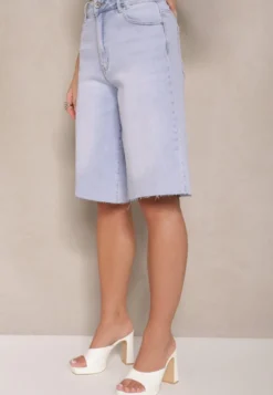 Jasnoniebieskie Bawełniane Szorty Jeansowe w Stylu Bermudów High Waist Tenizea