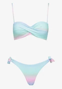 Jasnoniebieskie Bikini Majtki Typu Figi i Biustonosz z Marszczeniem w Geometryczny Wzór Kinnira