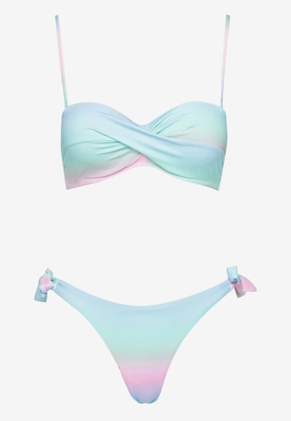Jasnoniebieskie Bikini Majtki Typu Figi i Biustonosz z Marszczeniem w Geometryczny Wzór Kinnira