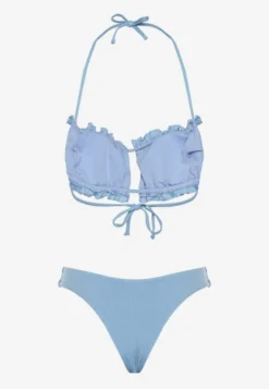 Jasnoniebieskie Bikini Majtki Figi Biustonosz z Wiązaniem Ozdobiony Marszczeniem Folinira