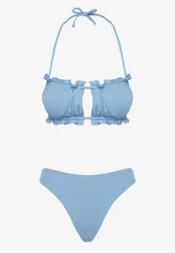 Jasnoniebieskie Bikini Majtki Figi Biustonosz z Wiązaniem Ozdobiony Marszczeniem Folinira