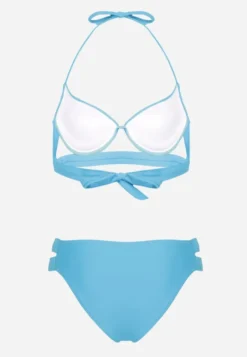 Jasnoniebieskie Bikini Majtki Figi z Wycięciami i Biustonosz z Ozdobnymi Paskami Kinalana