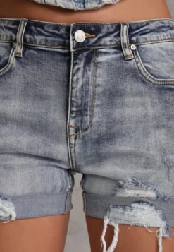 Jasnoniebieskie Casualowe Jeansowe Szorty z Bawełny High Waist Ozdobione Przetarciami Vimandris
