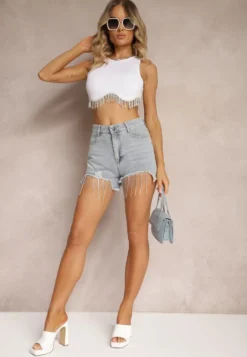 Jasnoniebieskie Jeansowe Szorty z Bawełny High Waist Wykończone Cyrkoniami i Przetarciami Tiamelba