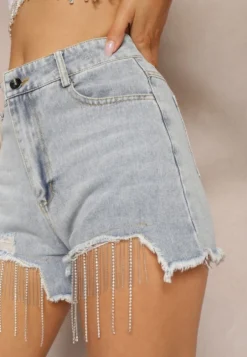 Jasnoniebieskie Jeansowe Szorty z Bawełny High Waist Wykończone Cyrkoniami i Przetarciami Tiamelba