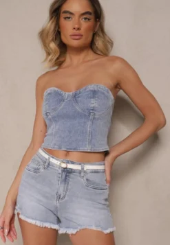 Jasnoniebieskie Jeansowe Szorty Regular Waist Zdobione Przetarciami Tenirra